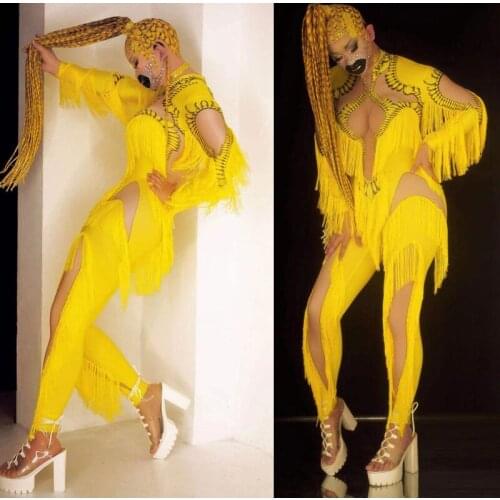 Yellow jumpsuit party girl stage dance wear gold tassel singer club outfit sexy dancer bodysuits