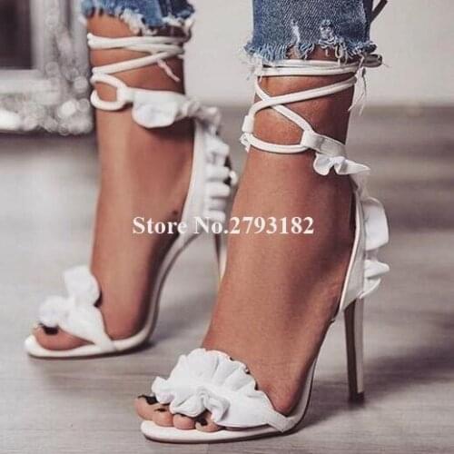 Women Elegant Fashion Open Toe Suede Leather Ruffle Stiletto Heel Gladiator Sandals Lace-up Purple White High Heel Sandals Heels
