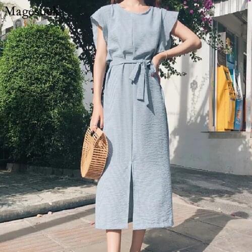 Sleeveless Lace Up Womens Dress Summer Split Midi-Calf Elegant Dress Female 2021 Korean Style Ruffles Party Dresses Robes 15029