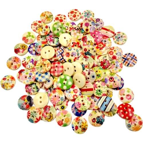 100Pcs Round 2-Hole Wood Buttons Flower Patterned For Sewing Embellishments Bulk
