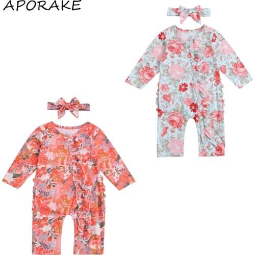 2021 0-12M Newborn Baby Romper Flower Print Infant Girl Ruffled Long Sleeve O Neck Ruffle Jumpsuit+Headband Spring Fall 2pcs