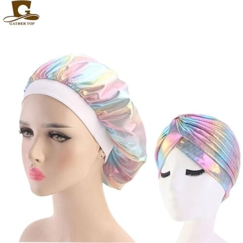 2pcs/lot New laser elastic wide band bonnet Satin Bonnet Cap comfortable night sleep hat hair loss cap turbante