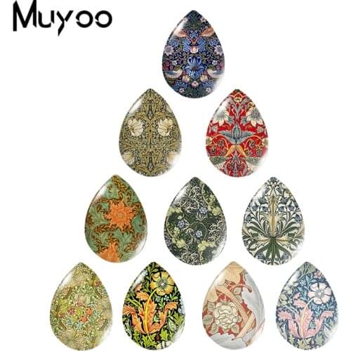 2020 New William Morris Patterns Glass Cabochon Tear Drop Cabochons Photo The Strawberry Thief Tapestry Jewelry DIY Accessories