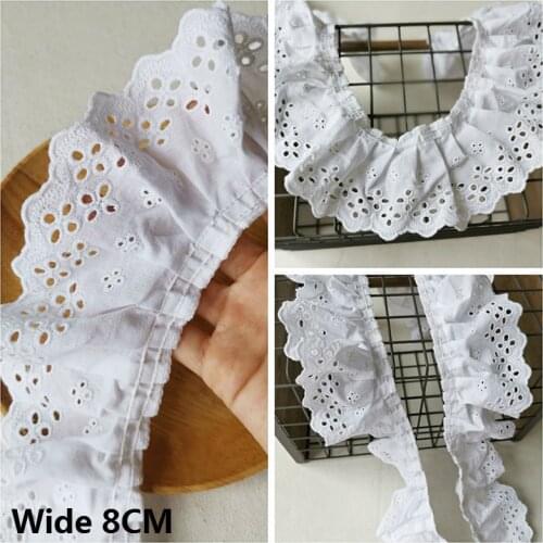 8cm Wide White Cotton Lace Pleated Ruffle Trim Hollow Embroidery Guipure 3d Lace Fabric Ribbon Skirts Fringe Scarfs Sewing Decor