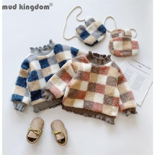 Mudkingdom Girls Fleece Sweatshirts Plaid Frill Collar Long Sleeve Thermal Pullover Tops for Kids Autumn Winter Clothes with Bag