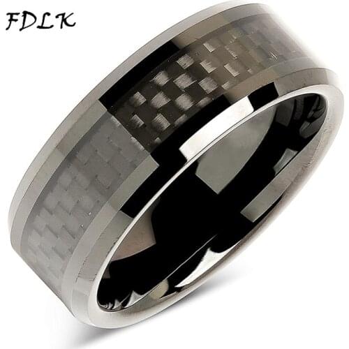 FDLK 8mm Stainless Steel Ring Carbon Fiber Inlay Black Plated Wedding Band Size 6-13