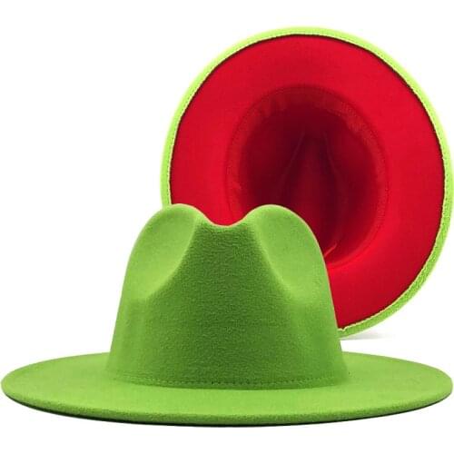 New Unisex green red Patchwork Felt Jazz Hat Cap Men Women Flat Brim Wool Blend Fedora Hats Panama Trilby Vintage Hat