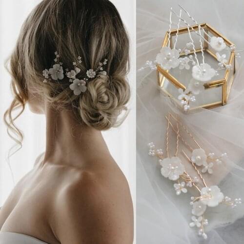 SLBRIDAL Handmade Ceram Flower Simulated Pearls Bridal Hair Pin Wedding Hair Sticker Women Bridesmaids Jewelry Hair Accessories