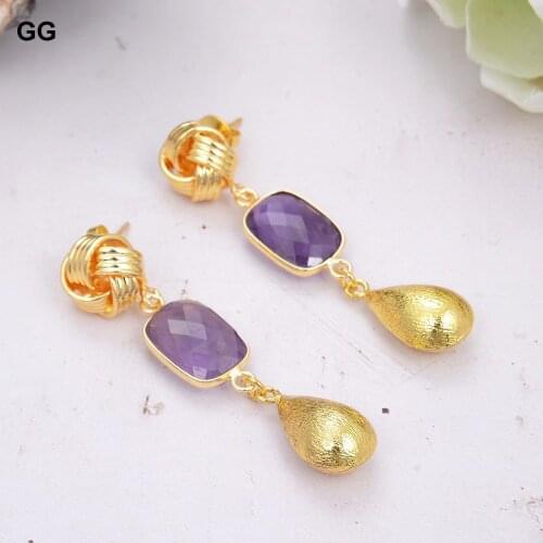 GuaiGuai Jewelry Natural Amethyst Rectangle 24 KT Gold Color Plated Bezel Dangle Stud Earrings