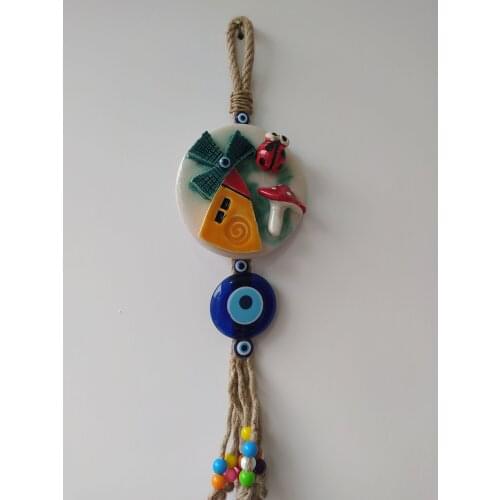 Ceramic Ladybug and Mill Evil Eye Decor Turkish Handmade Ornament Amulet for Wall Hanging Boho Home Decor Made in Turkey
