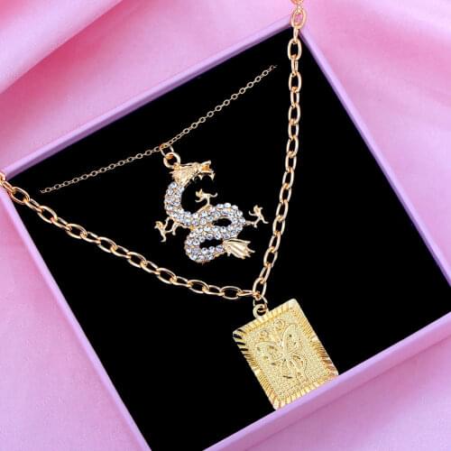 2Pcs Multilayer Necklace Crystal Dragon Pendant Square Carved Butterfly Coin Pendants Long Chain Gold Silver Punk Jewelry Gifts