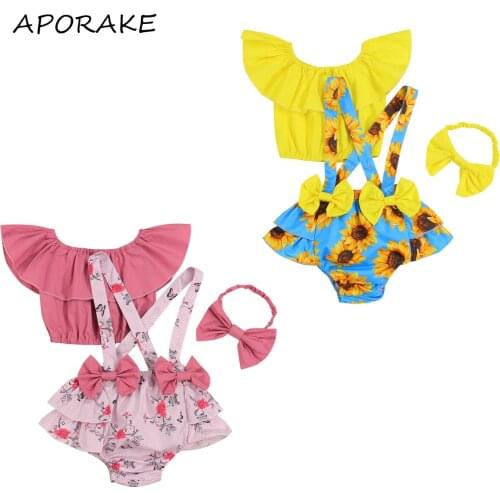 2021 0-18M Baby Girl Clothes Set Ruffle Solid Color Off Shoulder Crop Top+Sunflower/Floral Print Bow Straps Shorts+Headband 3pcs