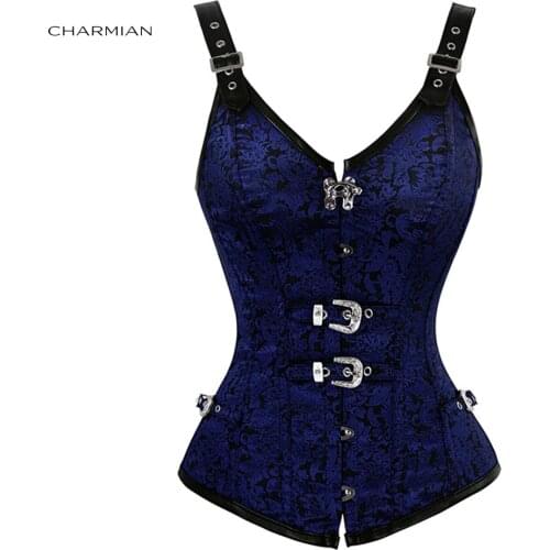 Charmian Womens Gothic Steampunk Corset Spiral Steel Boned Jacquard Overbust Corset Vest Top with Buckles Corselet Espartilhos