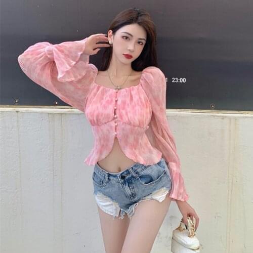 Fashion Women Blouses 2020 Summer Elegant Pink Womens Long-sleeved Blouses In One Color Tops Square Collar Asymmetric Shirts