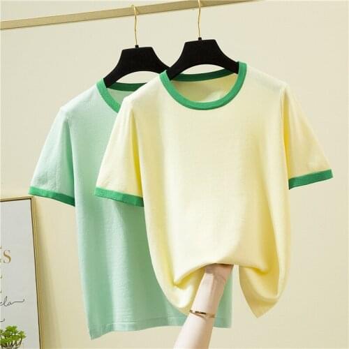 2021Fashion The New Ice silk Small fresh O-neck short-sleeved sweater bottoming shirt womens loose thin pullover summer Style