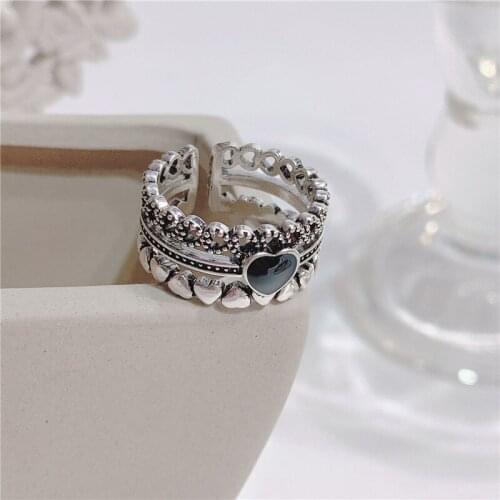 2021 New Arrival Wholesale Punk Rock Spades Heart Love Vintage Wide Face Open Ring Female Women Friend Hip Hop Party Jewelry