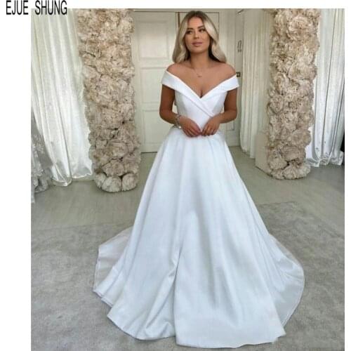 EJUE SHUNG Simple A Line Wedding Dresses V Neck Off the Shoulder Button Back Satin Wedding Gowns Bride Dresses robe de mariee