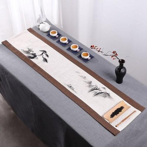 Hand-painted dinner flag Nordic Chinese tea table runner decoration long strip of cotton and linen retro bed Zen classical