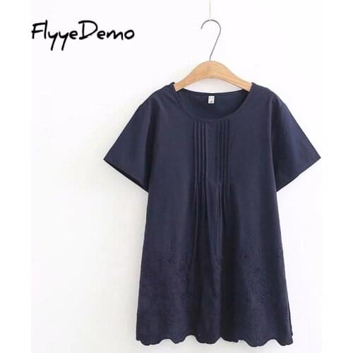 O-neck Floral Embroidery Short Sleeve Blue Cotton Linen Blouse Mori Girl 2020 Summer New Women Shirt Tops Female Plus Size 4XL