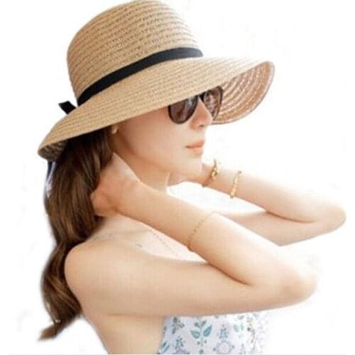Bow Knot Ladies Sun Hats Floppy Foldable Elegant Camping Women Straw Hat Beach Summer Vintage Beige Wide Vacation Femme Chapeau