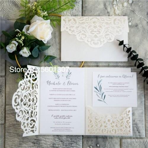 Ivory Shimmer Laser Cut Wedding Cards with RSVP Pocket Multi Color Personalized Printing Invitations for Anniversary Party 50pcs