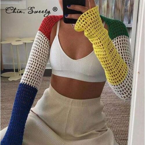 Knitted Long Sleeve Colour Cape For Women 2021 Autumn Panelled Hollow Out Super Short Sweaters Ladies Sexy Club Party Tops