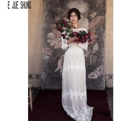 E JUE SHUNG Vintage Country Boho Wedding Dresses Long Sleeve Scoop Neck Backless Lace Applique Sheer Bridal Gowns robe de mariee