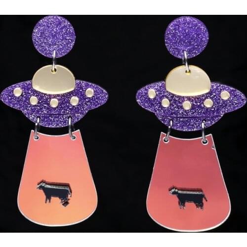 Fashion Alien UFO Acrylic Drop Earrings For Women Funny Glitter Spaceship Dangle Earrings Gift
