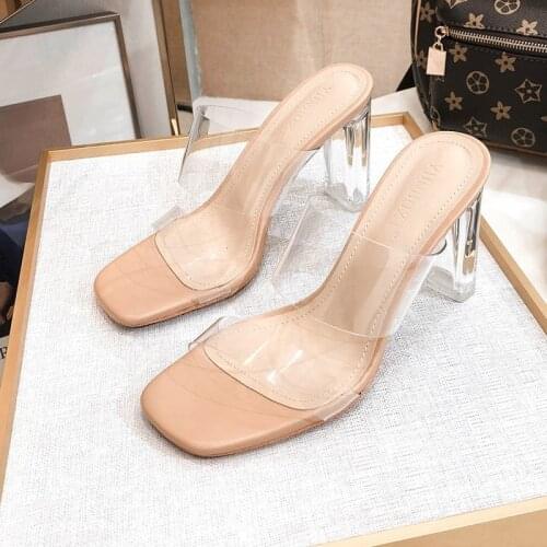 2021 Summer New Solid Color Sequins with Transparent High-heeled Womens Thick-heeled Crystal Sandals and Slippers