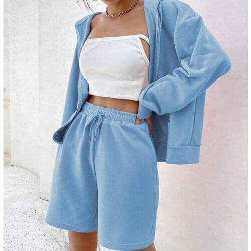 2021 Trendy Sweatshirt 2Pcs Set Tracksuit Women Long Sleeve Zip Loose Hooded Jacket+Shorts Street Solid Casual Outfit Sport Suit