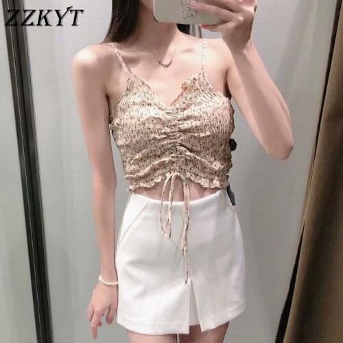 ZZKYT 2021 Women Summer Vintage Floral Print Cropped Tank Tops Fashion V-Neck Back Elasticity Folds Thin Straps Female Chic Tops