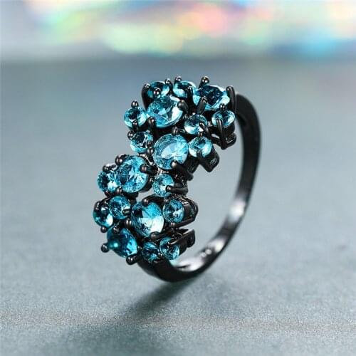 Cute Female Light Blue Stone Ring Vintage Black Gold Wedding Rings For Women Promise Love Engagement Ring
