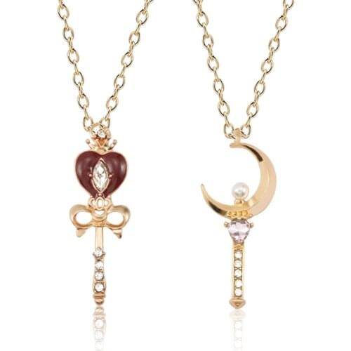 2021 Fashion New Anime Magic Wand Pendant Necklace Heart Crown Moon With Rhinestone Gold Alloy Necklace & Pendant For Girl Kids