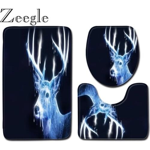 Zeegle Elk Pattern Rug Non Slip Bathroom Set Mat Washable and Absorbent Shower Mat Toilet Carpet Shower Carpet 3 pcs Small Rugs