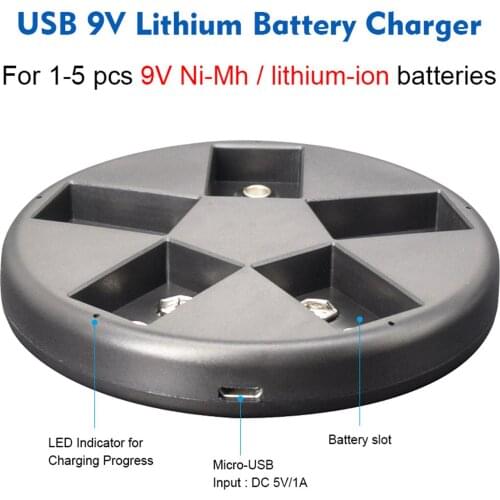 9V 6F22 5-Slot Rechargeable battery Charger For 9V 250/80mAh Smart Ni-MH / Li-ion Rechargeable Batteries with USB charging cable