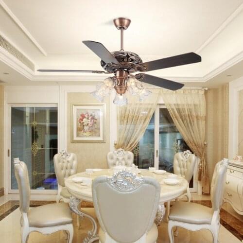 American Retro Restaurant Glass Fan Lamp with Remote Control Light Bedroom Dining Room Nordic Wood Leaf Fan Lamp