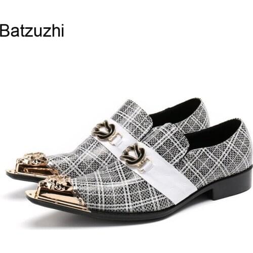 Batzuzhi New Luxury Men Shoes Leather Pointed Metal Toe Genuine Leather Dress Shoes Men Fashion Business/Party Zapatos Hombre