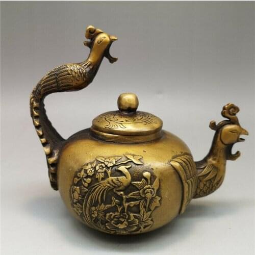 Chinese Antiques Collection Old Brass Phoenix Beak Phoenix Handle Teapot