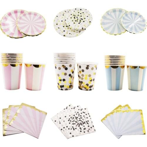 Birthday Wedding Party Decorations Hot stamping Gold Pink Paper Stripe Paper Cup Plate Flag For kids Baby Shower Boy Girl Gift