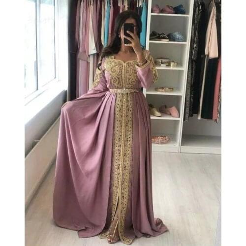 Long Chiffon Gold Appliques Embroidery Muslim Prom Dresses 2021 Long Sleeve Crystals Saudi Arabic Formal Evening Party Dress