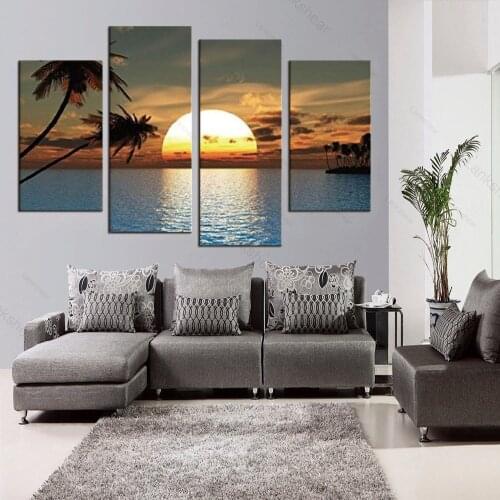 Hd Printed Modern Canvas Living Room Pictures 4 Panel Sunset Ocean View Painting Wall Art Modular Poster Framework Home Decor