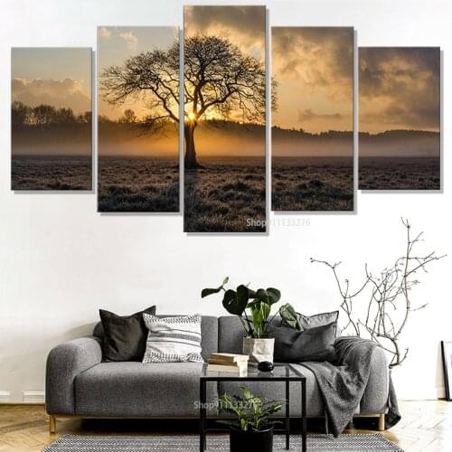 Canvas Painting Vintage Wall Art Frame Printed Pictures 5 Panel Poster Sunrise Tree Landscape Photo For Living Room Decor