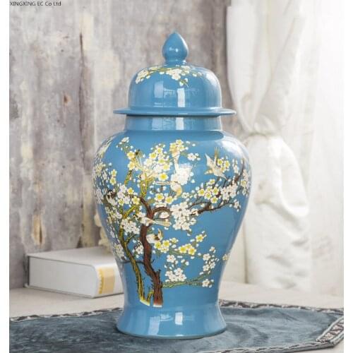 Ceramic Vase Home Decoration Accessories Blue Retro Storage Jar with Lid Modern Living Room Dining Table Office Furnishings