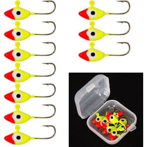 10pcs/Box Ice Fishing Metal Jigs Heads Winter Jigging Barbed Hooks For Walleye High-carbon Steel Fishhook Lure Fishing Accessory
