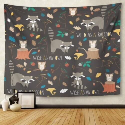 Woodland Cute Forest with Raccoon and Owl in Childish Cartoon Style Pattern Fills Animal Racoon Tapestry Wall Hanging for Living