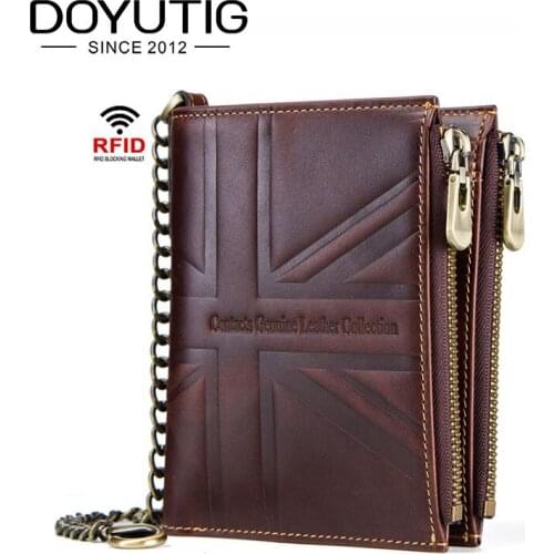 DOYUTIG European Genuine Cow Leather Men Short Wallet High Quality Male Horse Crazy Leather Double Zippers New Coin Purses B044