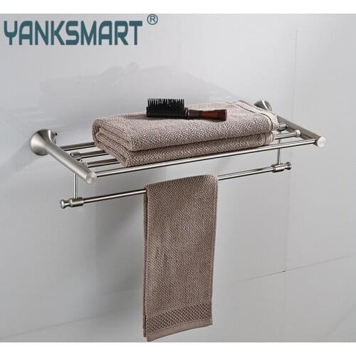 YANKSMART Nickel Brushed Finish Wall Mounted Bathroom Towel Rail Holder Bathroom Folding Storage Rack Shelf Bar Hanger