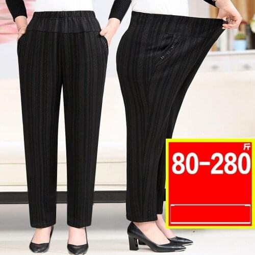 Autumn Winter Oversized Plus Velvet Thick Stretch Straight Pants Middle-aged Women Trousers Loose Casual Female Striped Pants 8X