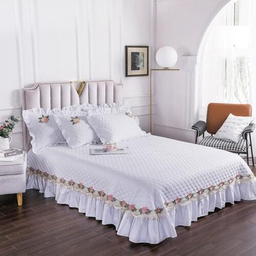 Luxury White Cotton Lace Design Quilting Blanket Bedspread Bed Sheet Bed Cover Pillowcases Full Queen King Size