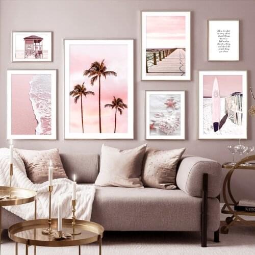 Pink Beach Surfboard Shell Bridge Tropical Tree Wall Art Canvas Painting Posters And Prints Wall Pictures For Living Room Decor